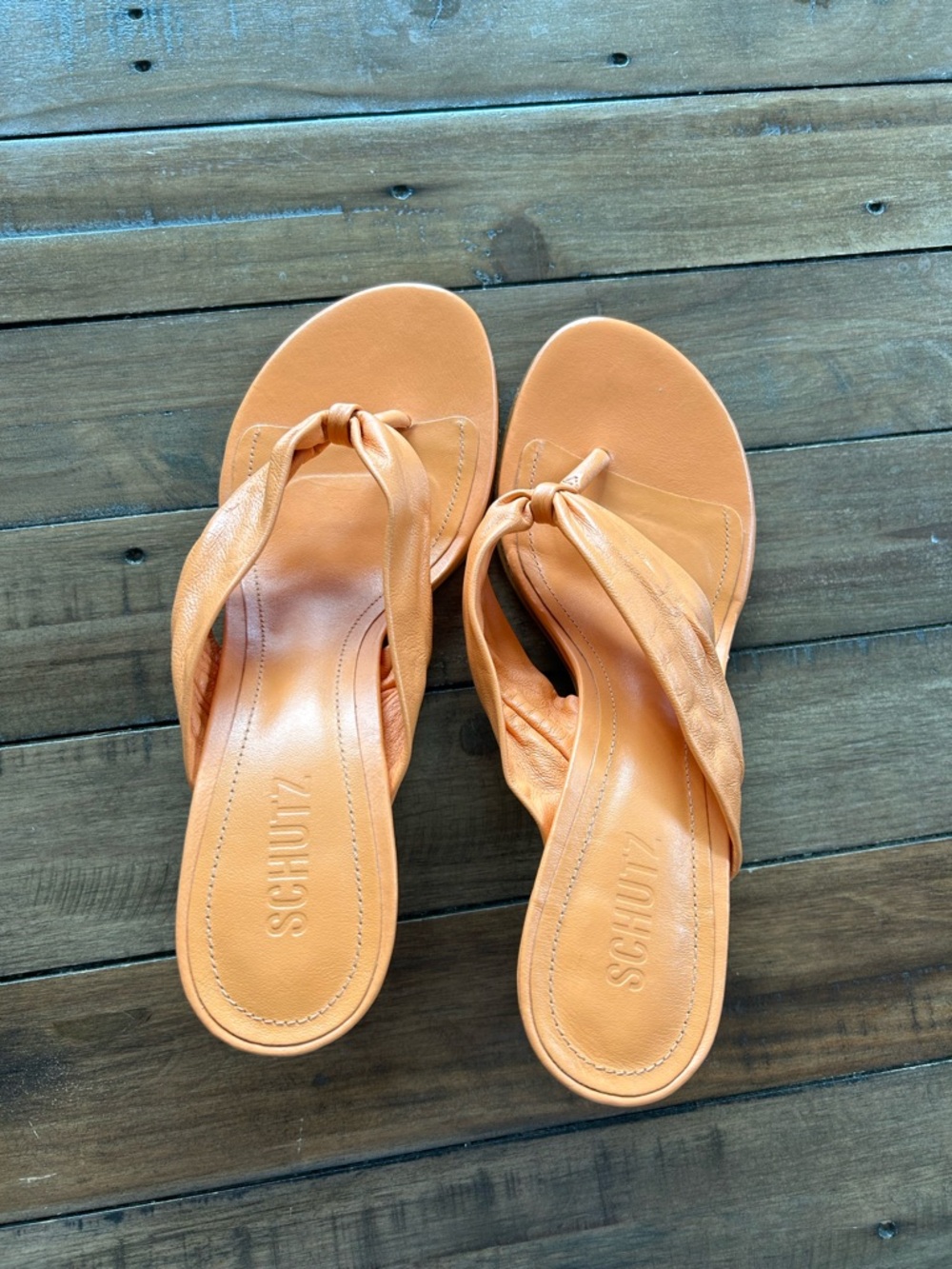 Schutz Willow Sunset Orange Leather Sandal Heels 10 - Picture 5 of 12